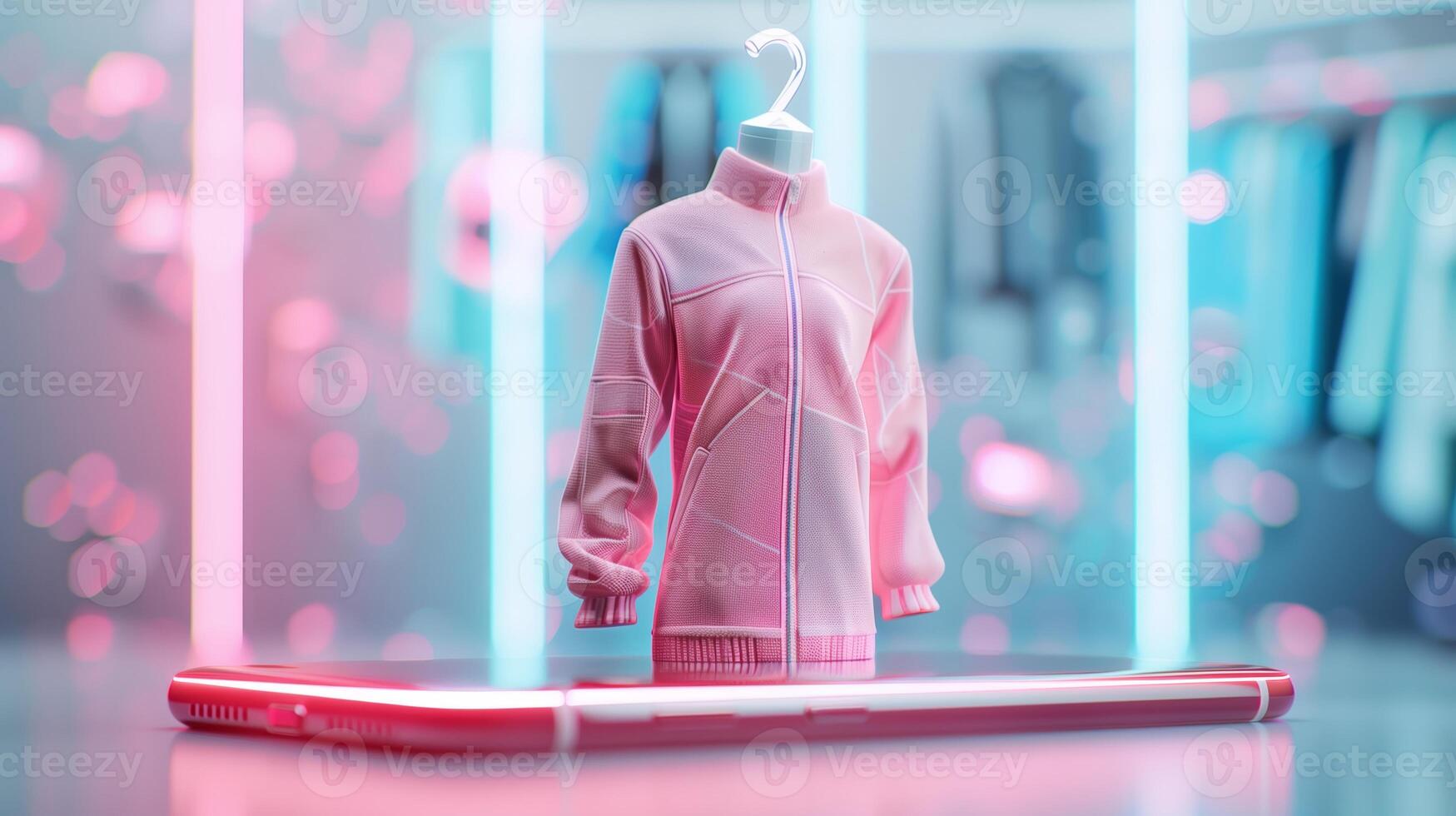 Futuristic clothing store display with a pink sweater in a high-tech showroom, surrounded by neon lights and a modern background. photo