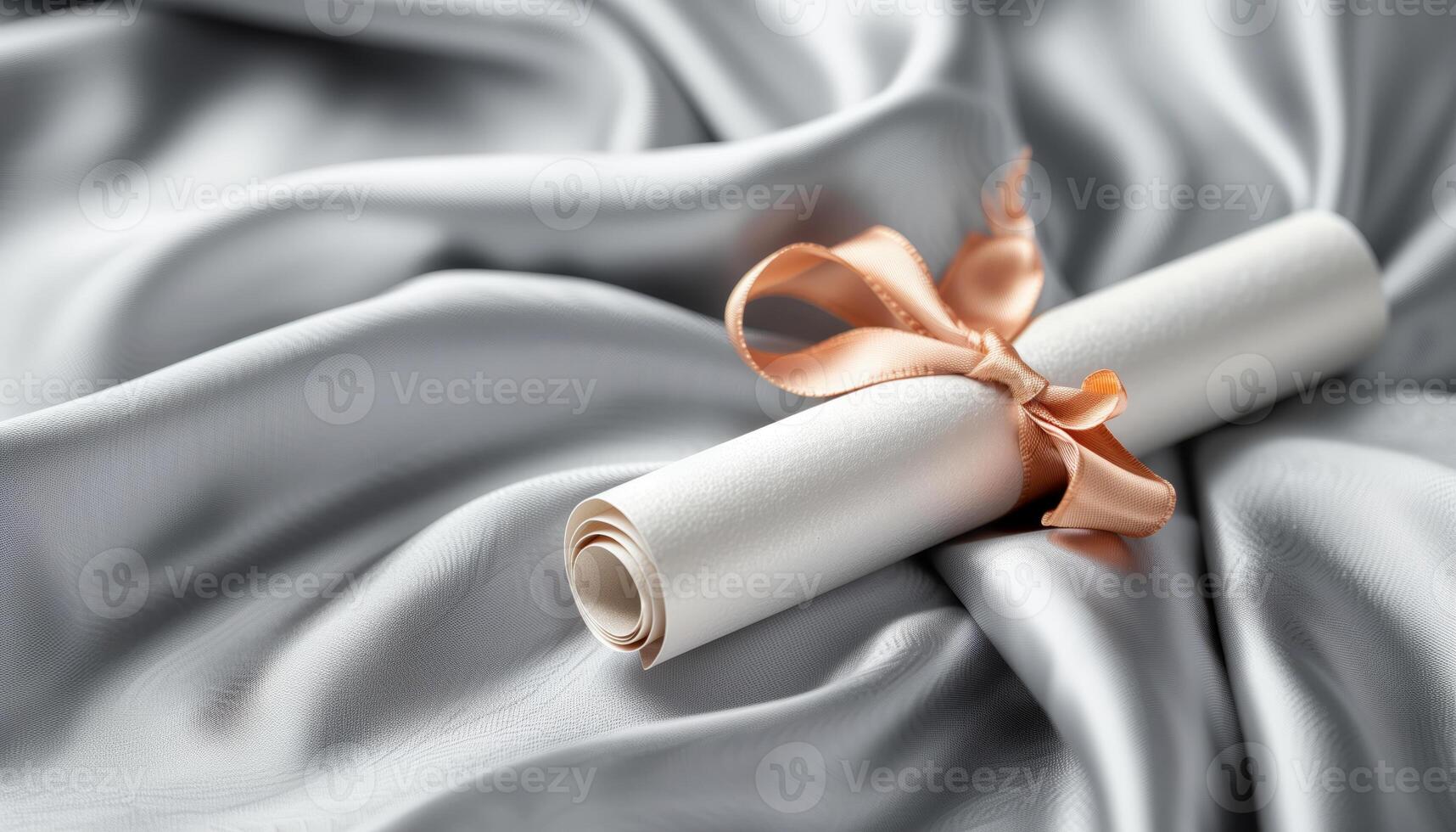 Elegant rolled diploma tied with a satin ribbon on luxurious silk fabric. Symbolizes achievement, education, and celebration. photo