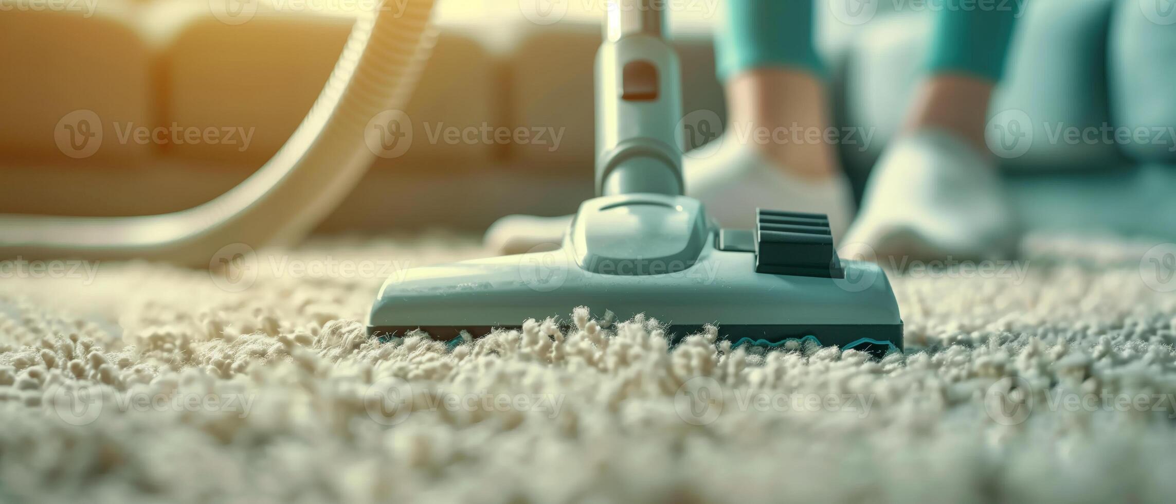 A close-up of a vacuum cleaner on a soft carpet, highlighting home cleaning and maintenance. Perfect for cleaning-related themes. photo