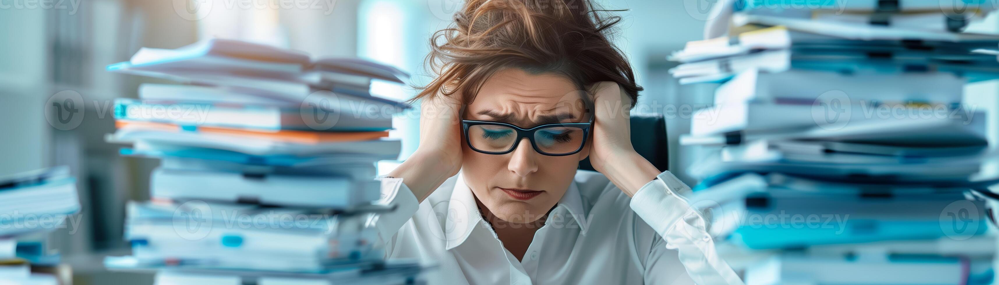 Overwhelmed woman sitting at a cluttered desk filled with stacks of papers, showing signs of stress and frustration in a busy office environment. photo