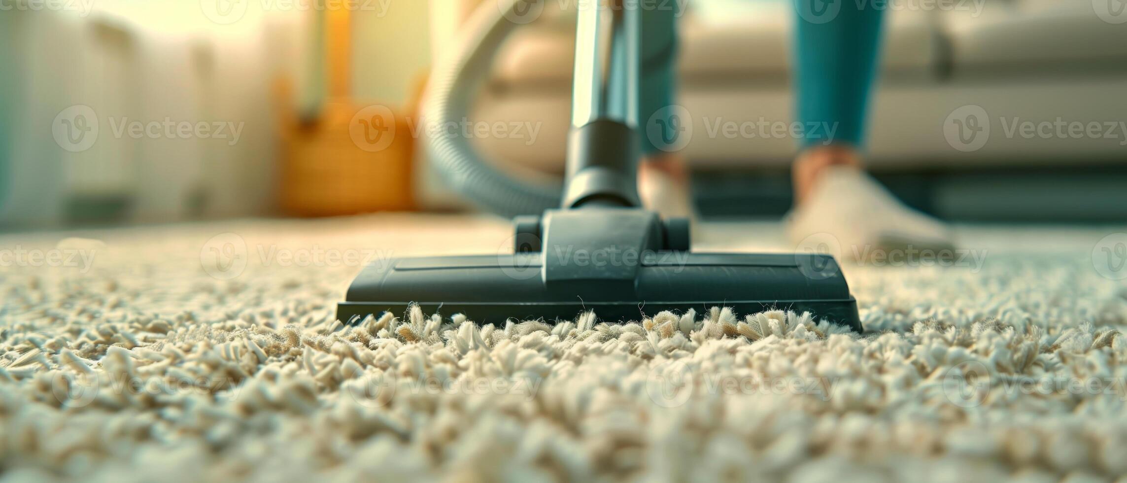 Close-up of a vacuum cleaner nozzle on a soft carpet, showcasing a clean home environment and efficient cleaning. photo