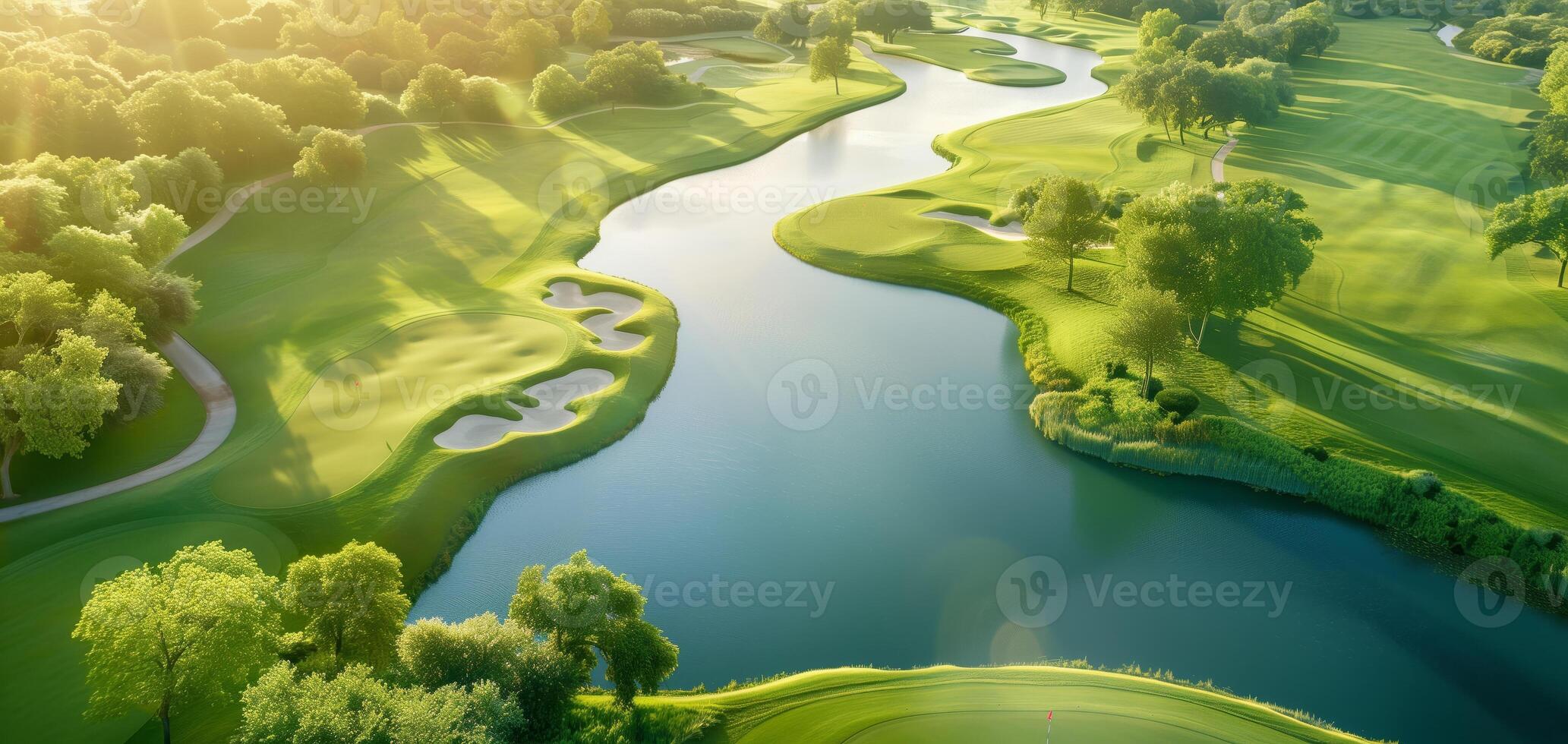 Aerial view of a beautiful golf course with lush green fairways, serene water features, and surrounding trees on a sunny day. photo