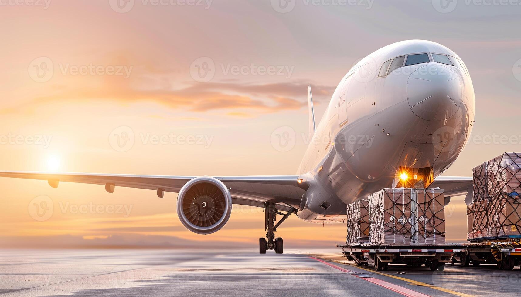 A cargo airplane loading freight during sunset, showcasing airport logistics and transportation efficiency in a vibrant sky. photo