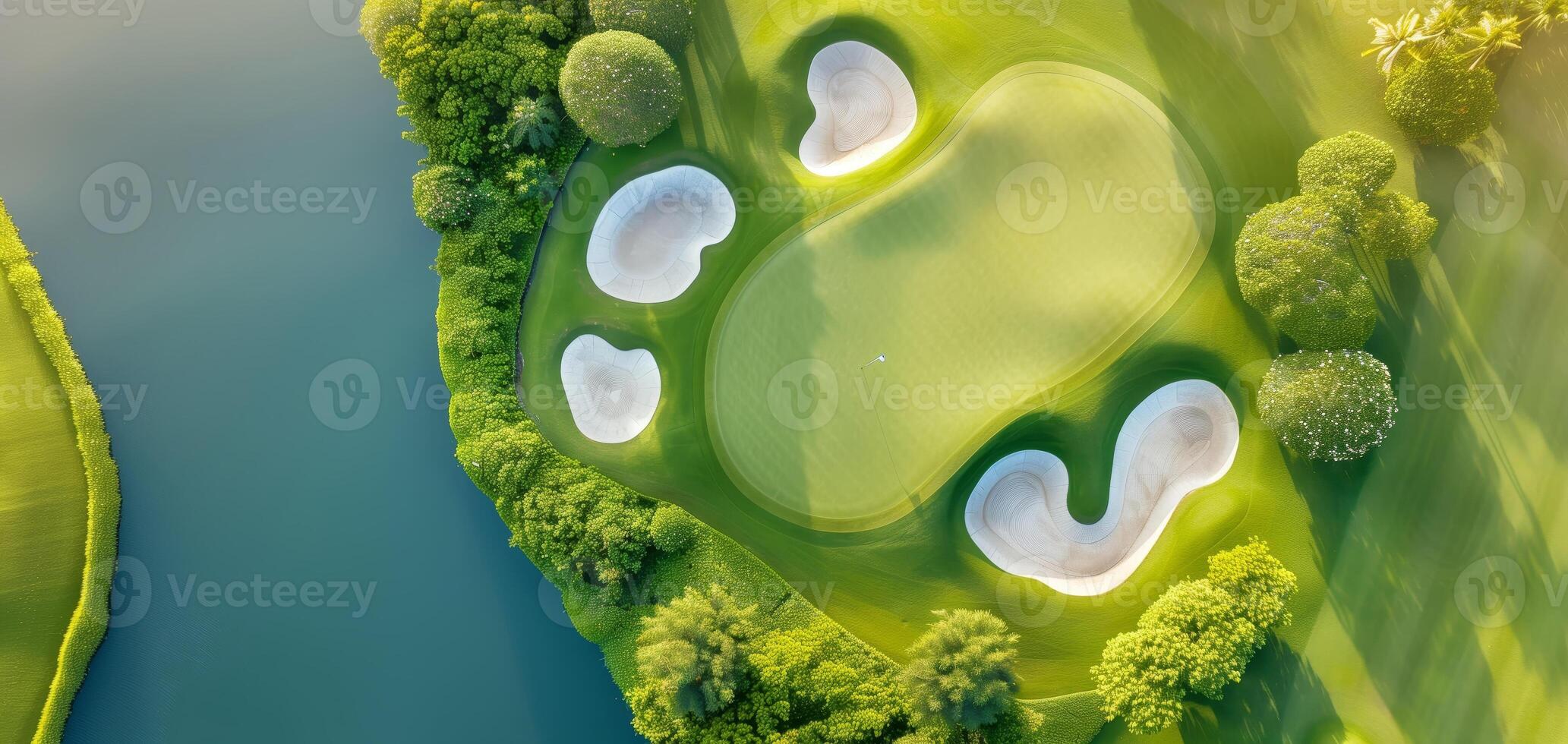 Aerial view of a picturesque golf course surrounded by lush greenery and water, showcasing sand traps and pristine fairways. photo