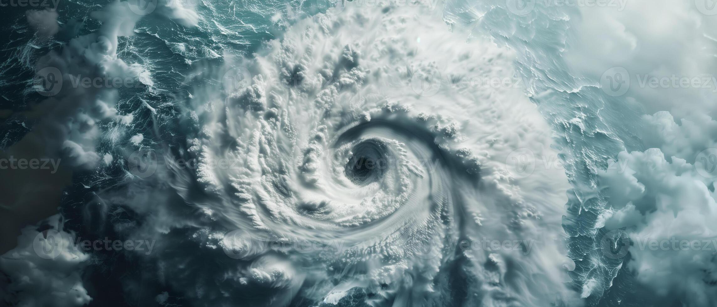 A powerful hurricane swirls over the ocean, showcasing the eye of the storm in high detail, surrounded by turbulent clouds and waves. photo