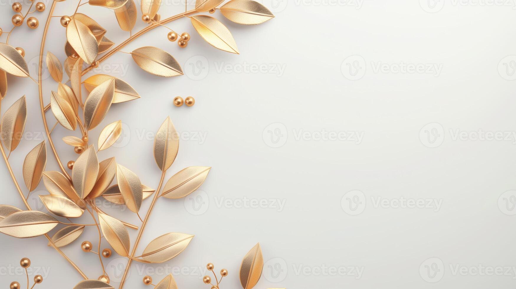 Elegant golden leaves and berries on a white background, perfect for luxurious designs, invitations, or seasonal decorations. photo