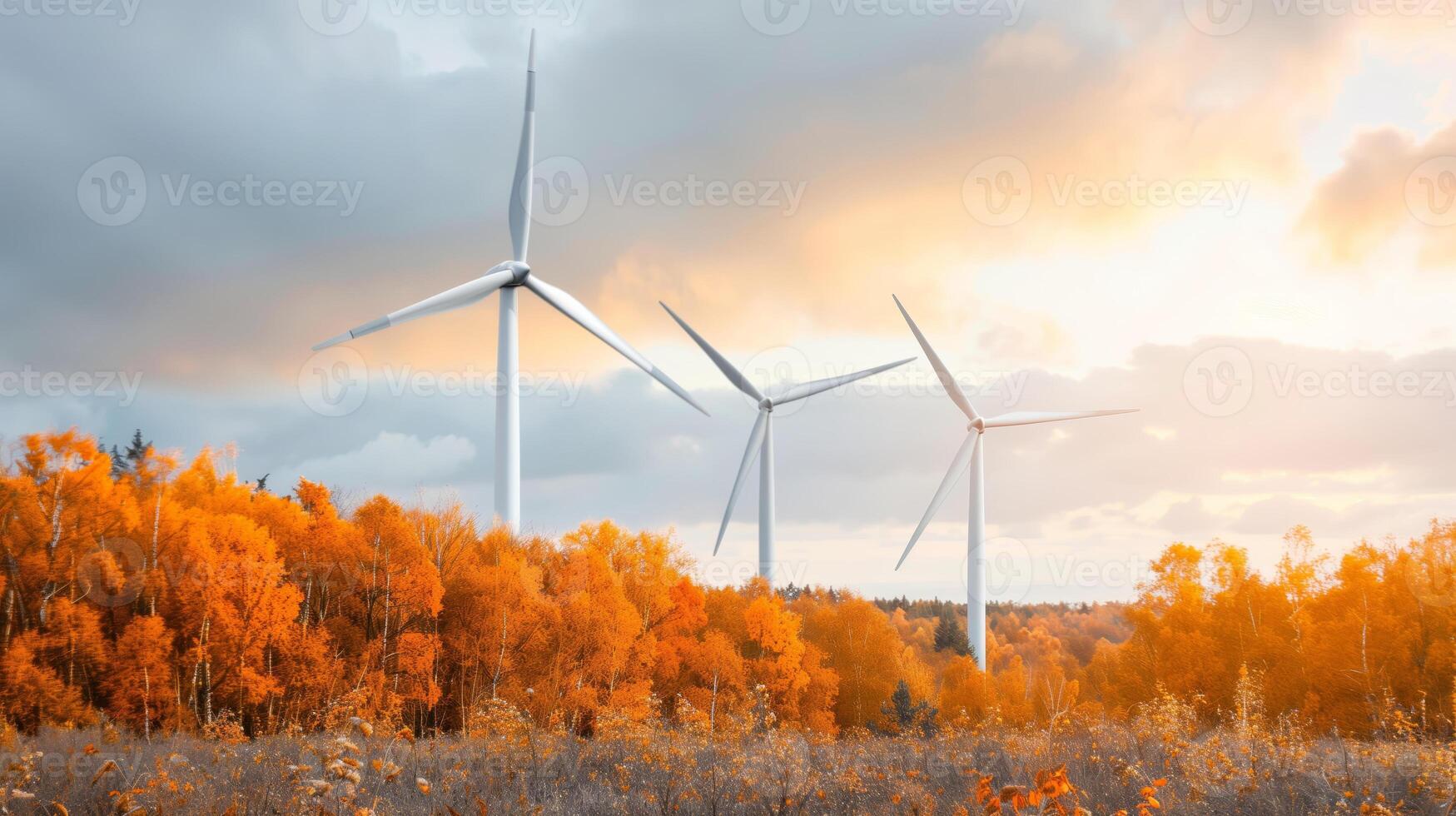 Wind turbines in an autumn landscape, generating renewable energy against a dramatic sky with golden foliage in the foreground. photo