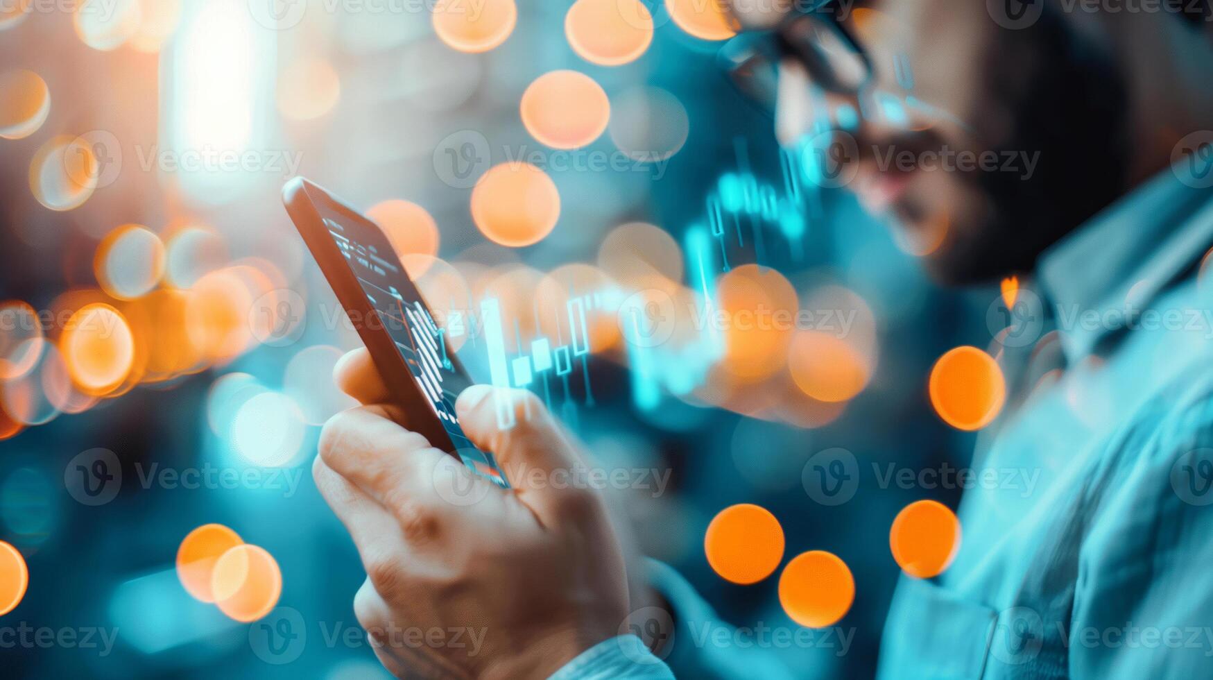 Close-up of a person analyzing stock market data on a smartphone with a glowing graph in the background, showcasing financial technology. photo