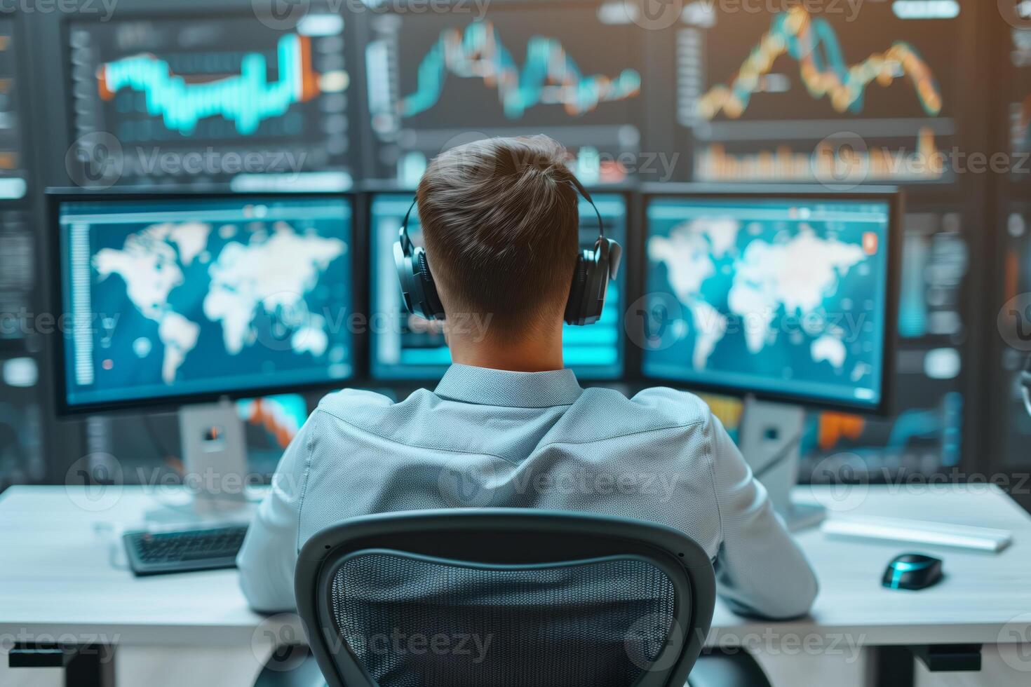 Professional trader analyzing financial stock market data on multiple computer screens in a modern office setting. Economic growth and technology concept. photo