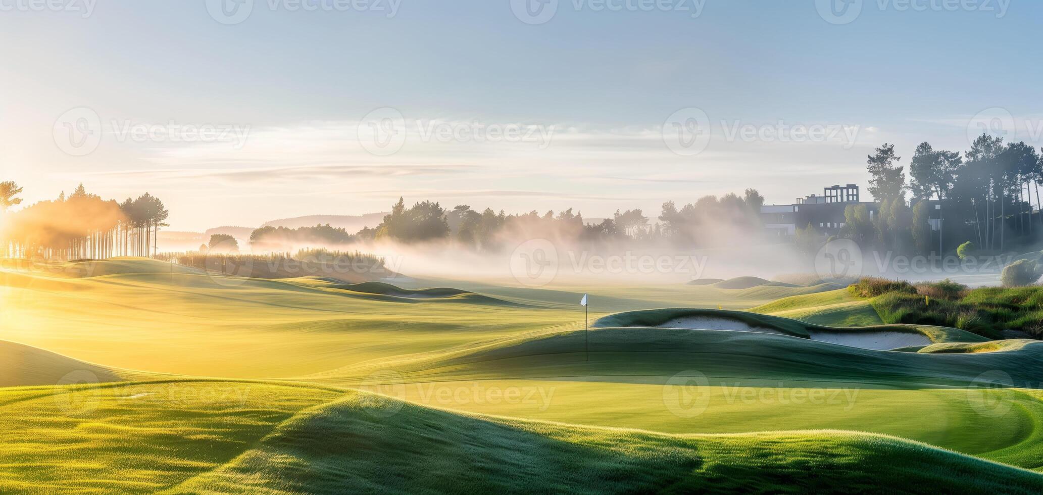 Scenic view of a golf course at sunrise with morning mist, lush green fairways, and bunkers under a serene sky. photo