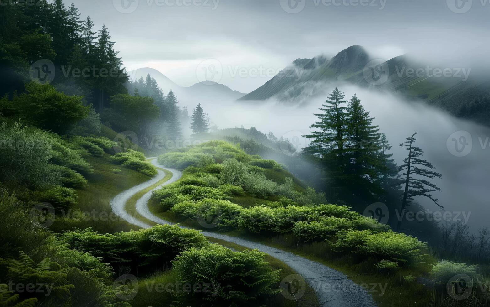 Scenic mountain path winding through a lush green forest under a misty sky, ideal for travel inspiration and nature lovers. photo