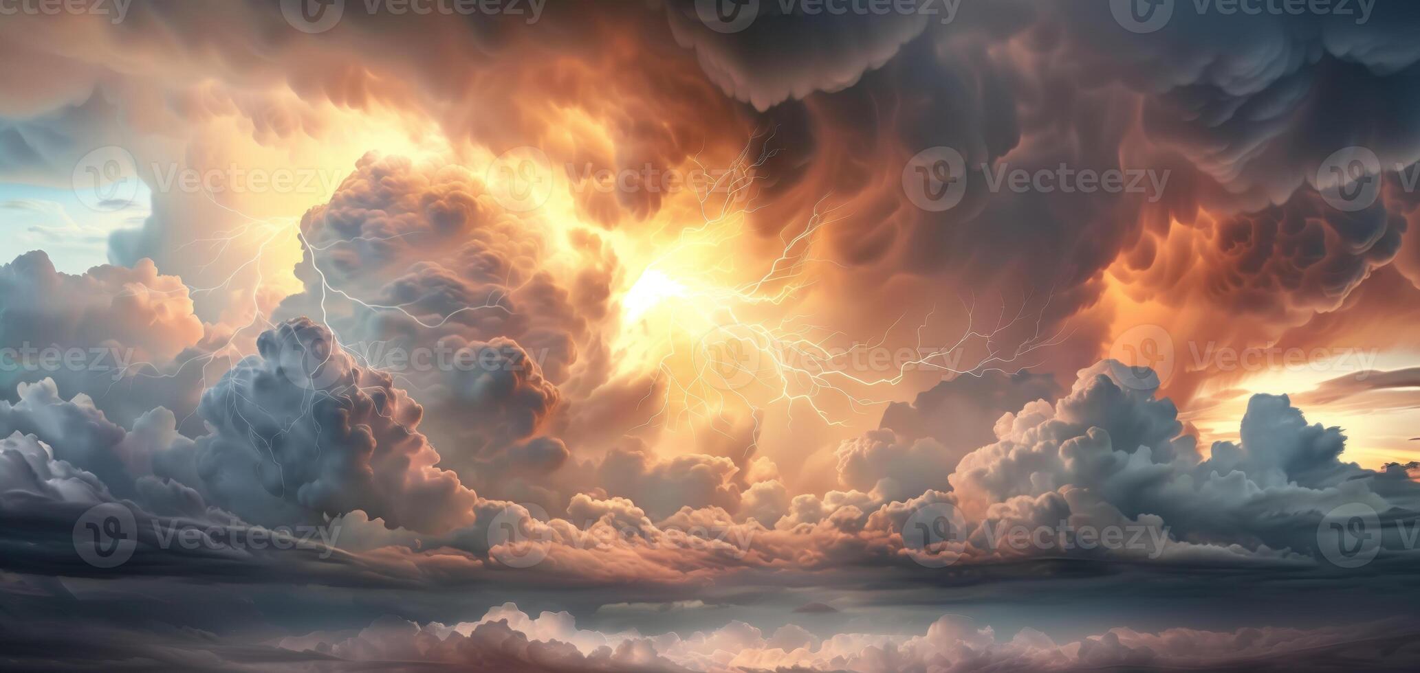 Dramatic, vibrant sunset sky with dynamic, colorful clouds and brilliant light casting atmospheric scenery. Perfect for nature, weather designs. photo