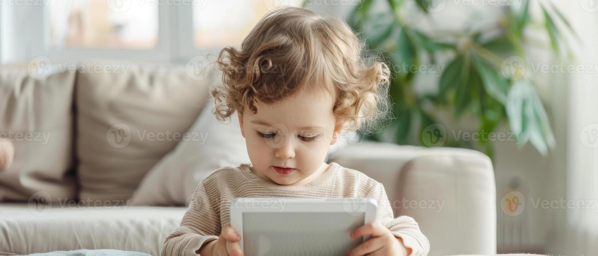Adorable young child using a tablet while seated on a couch in a cozy living room with soft natural lighting and a houseplant in the background. photo