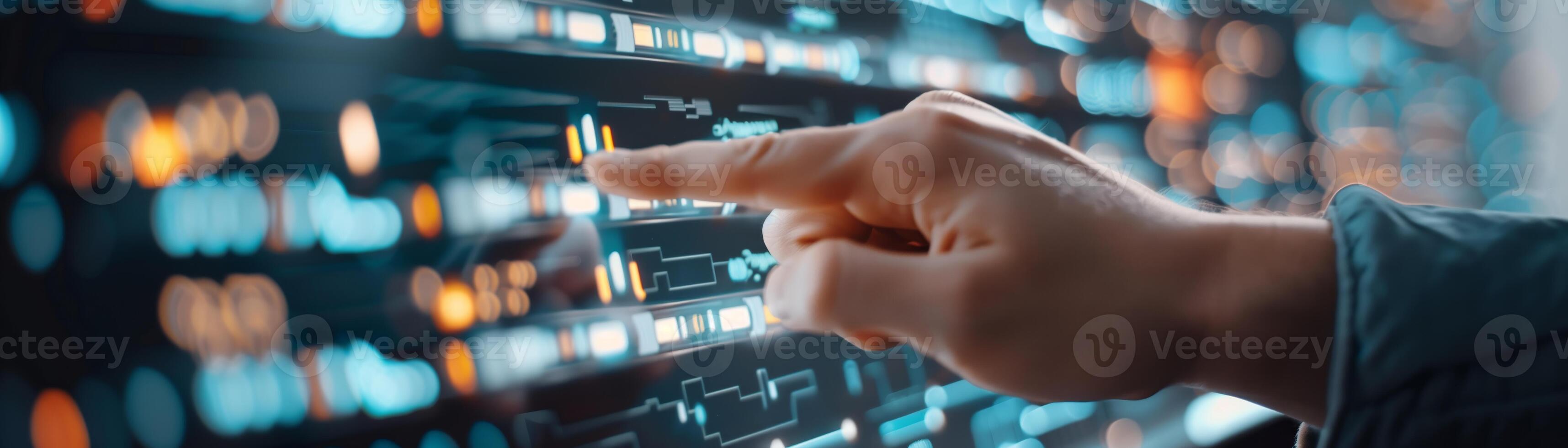 Close-up of a hand touching a translucent digital interface panel with glowing data visualizations and graphs. Futuristic technology concept. photo