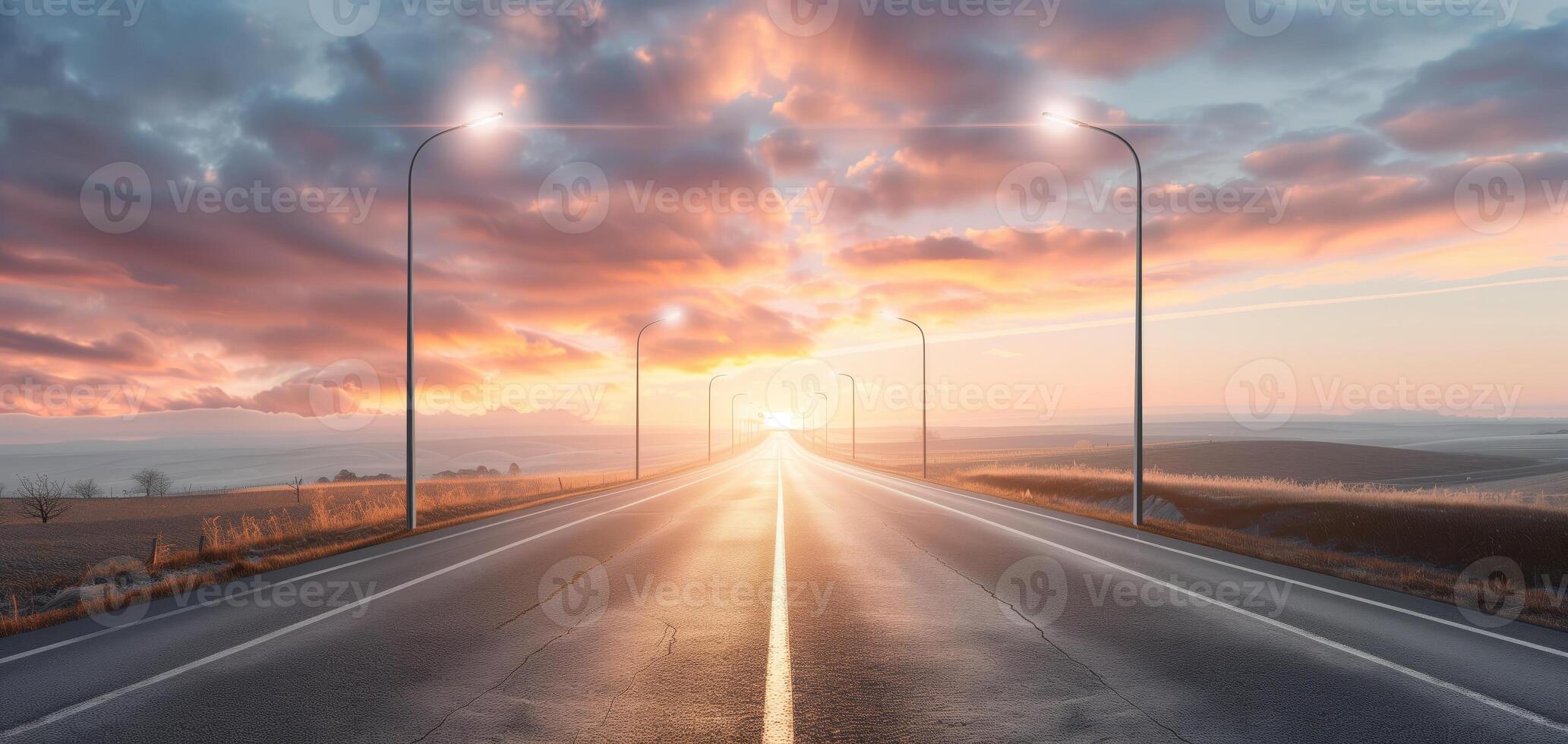 Beautiful empty road leading towards a stunning sunrise with streetlights and dramatic clouds in the sky, symbolizing hope and a new beginning. photo