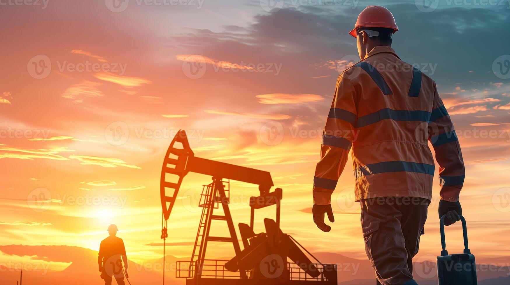 Two oil workers wearing safety gear in front of an oil pump against a beautiful sunset, depicting the energy industry and hard labor. photo