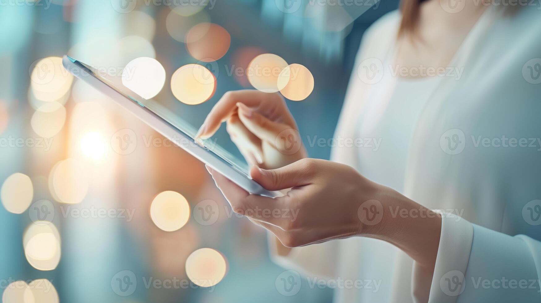 Woman using a tablet device at night in a blurred city background, focusing on digital interaction and technology. photo