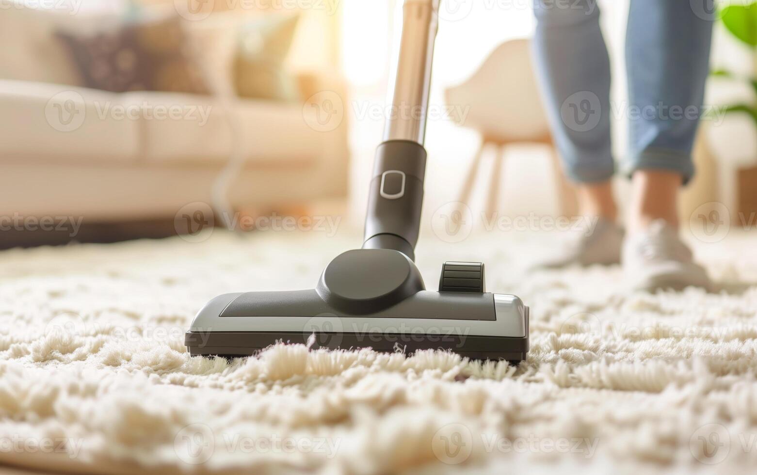 A close-up view of a vacuum cleaner on a soft carpet, capturing the essence of home cleaning and comfort in a bright living space. photo