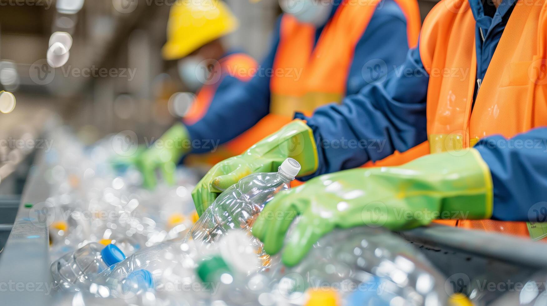 Workers sorting plastic bottles at a recycling facility, focusing on sustainable waste management and environmental conservation. photo