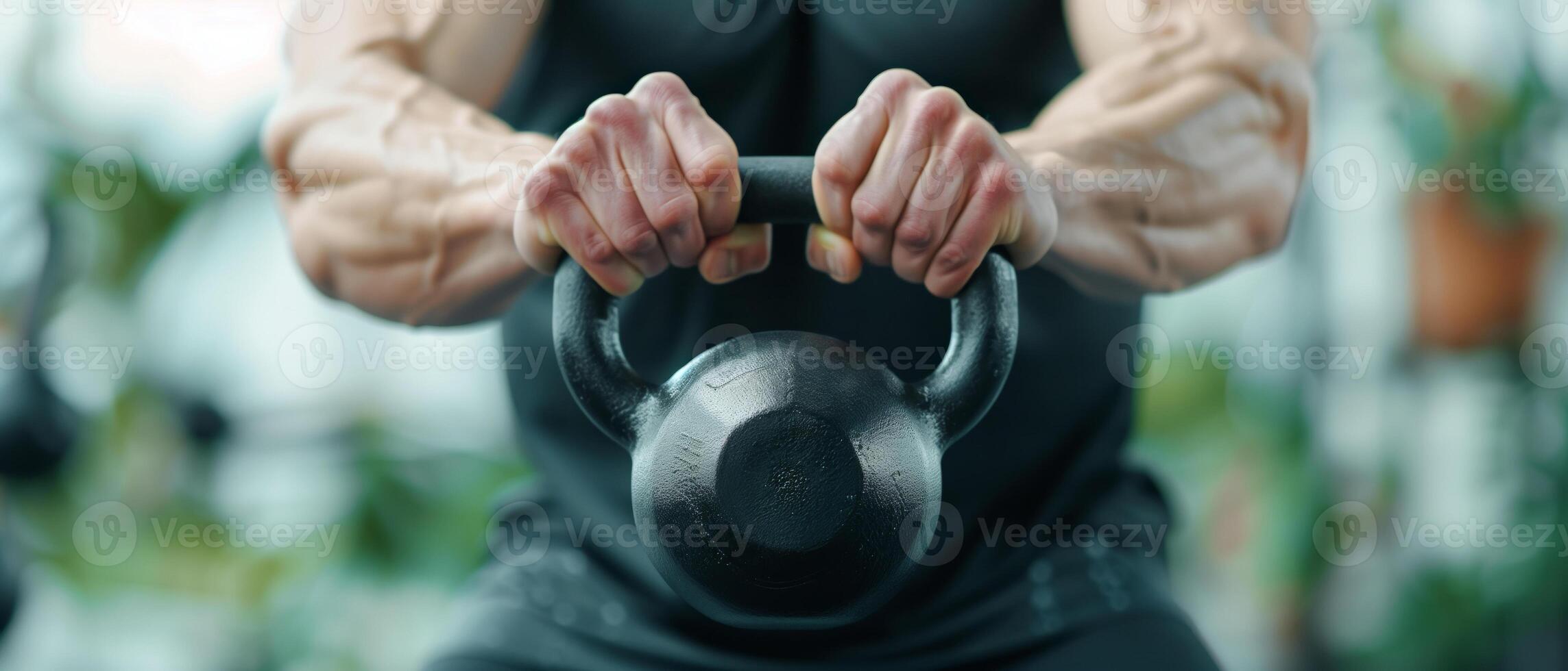A close-up of a person gripping a kettlebell, showcasing strength and determination in a fitness setting. photo
