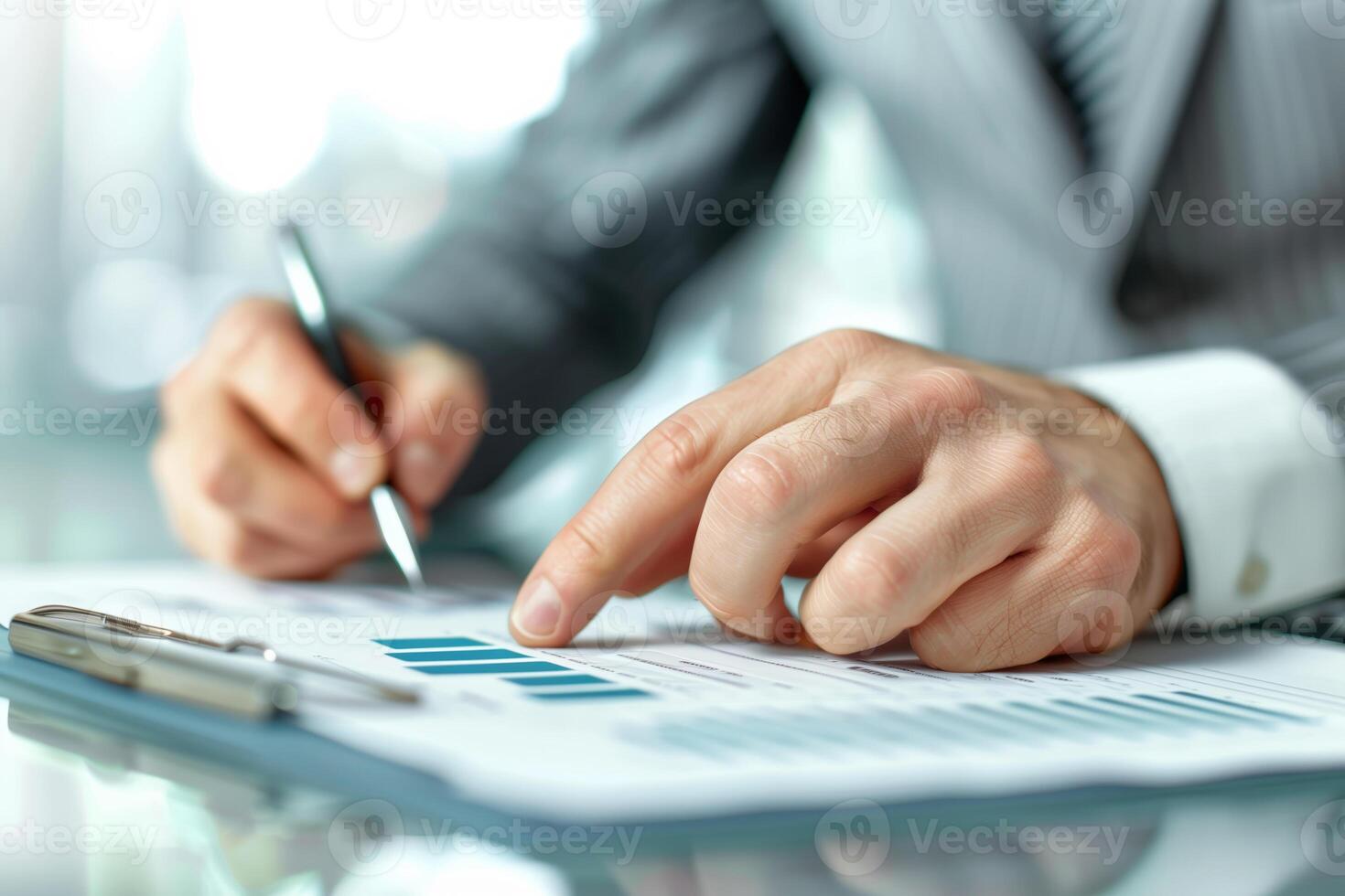 Business professional analyzing financial report with data charts. Close-up of hands highlighting key points and discussing future strategy. photo