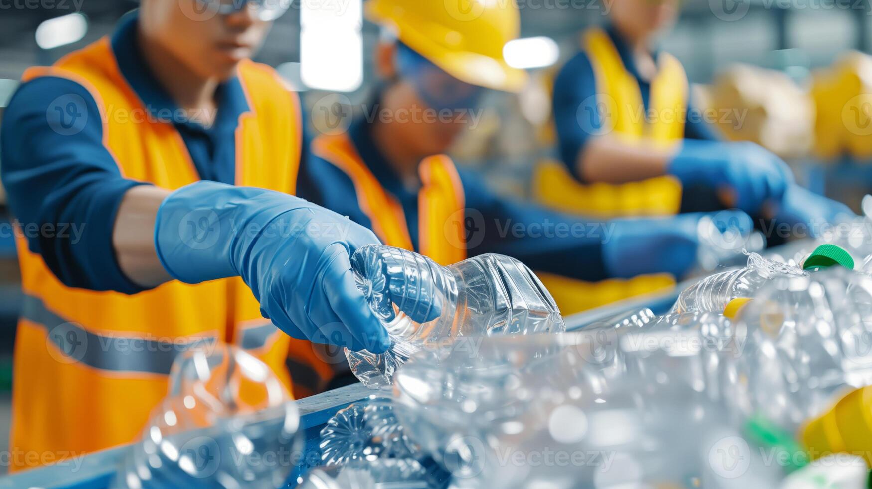 Workers wearing safety gear on a production line in a factory, sorting and processing plastic bottles for recycling. photo