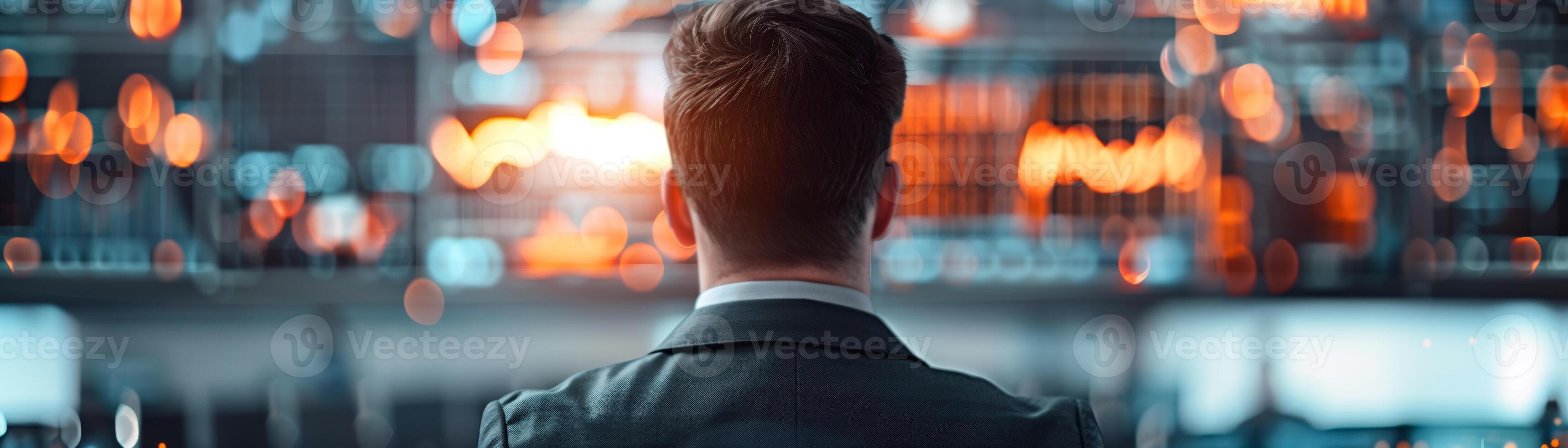 Back view of a businessman looking at a digital screen in a modern office with glowing data visuals and graphs. photo