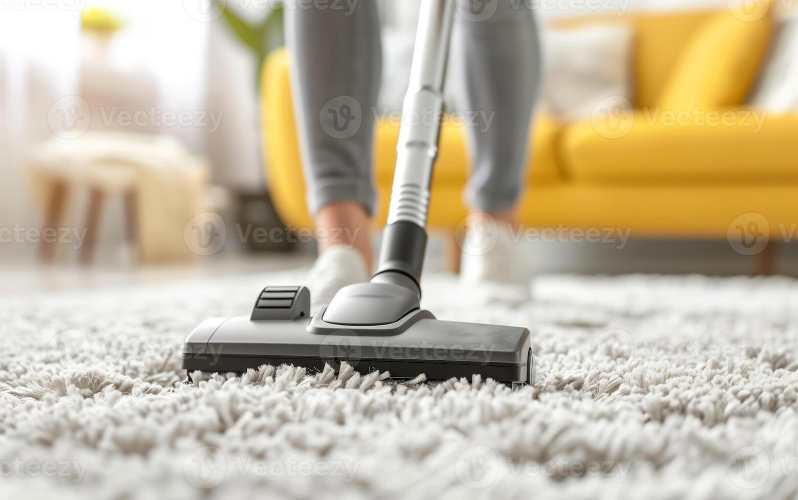 A person vacuums a carpet in a cozy living room, showcasing cleanliness and home care with a modern vacuum cleaner. photo