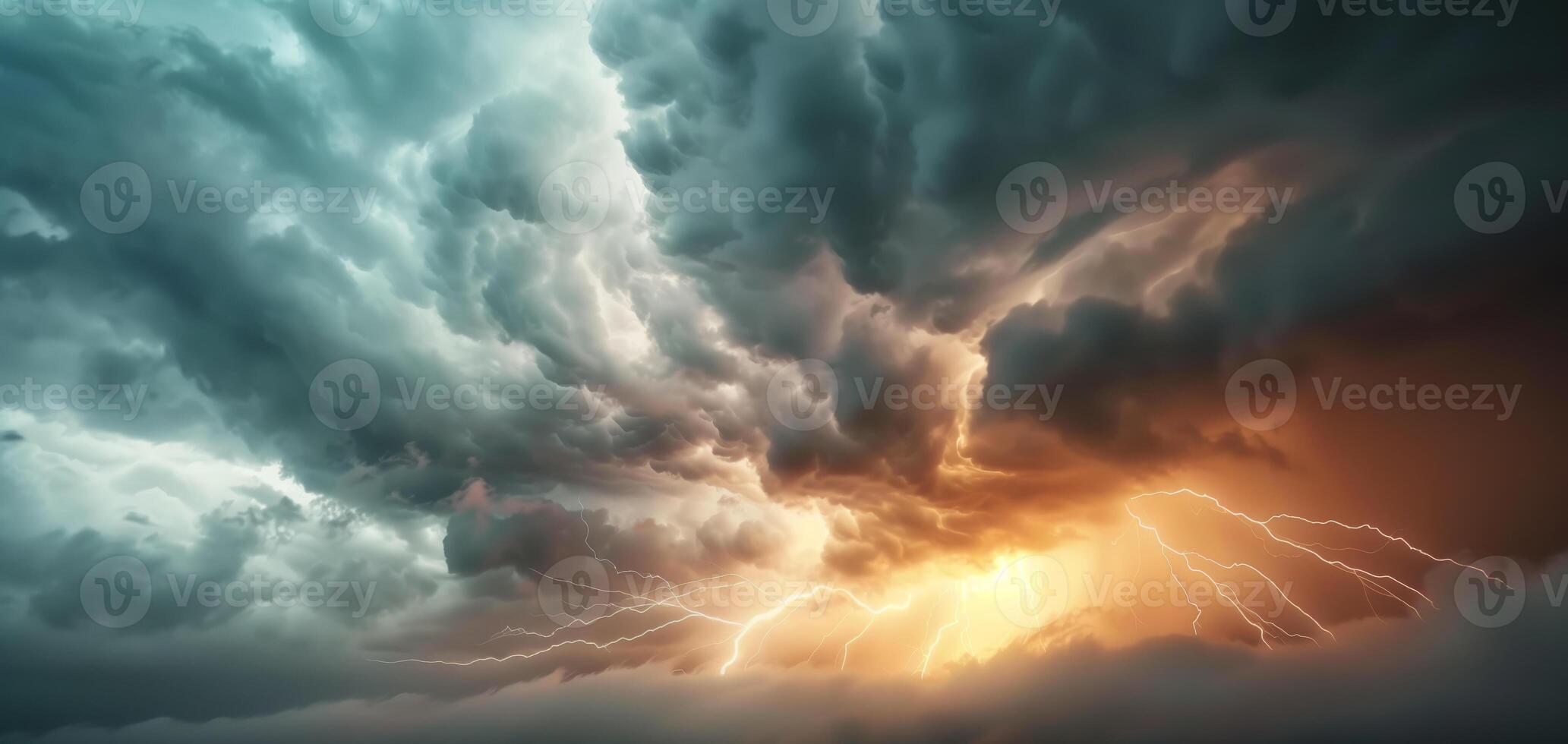 Dramatic sky with stormy clouds and striking lightning, showcasing the power and beauty of nature's unpredictable forces. photo