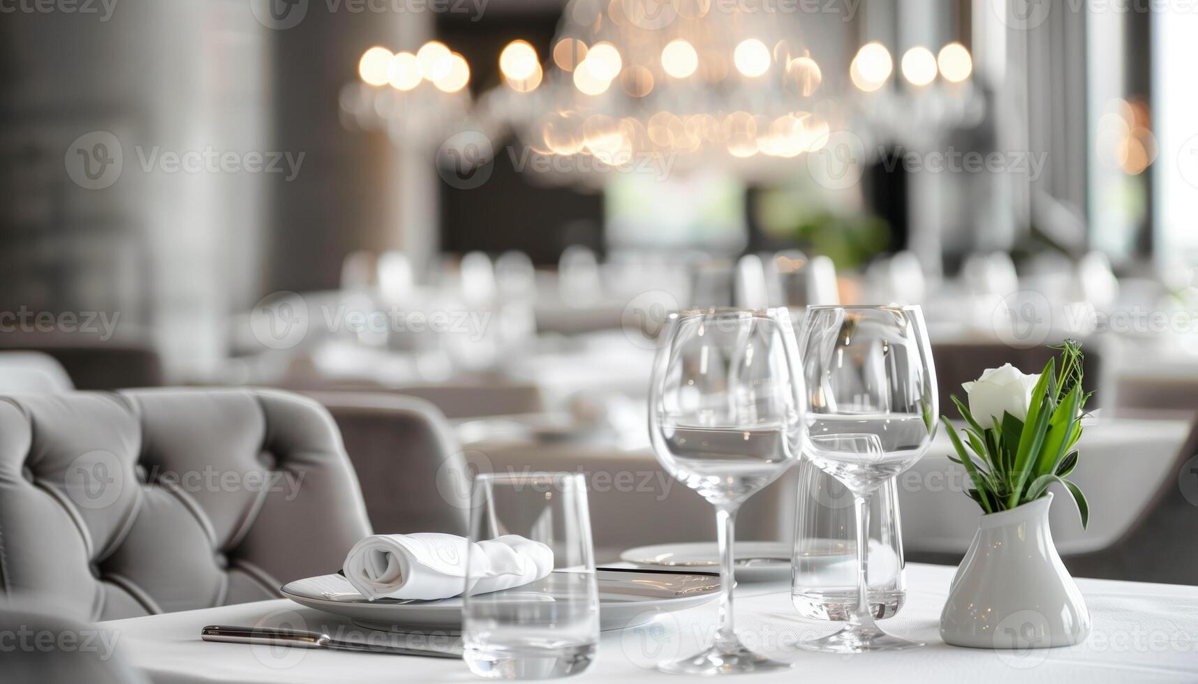 Elegant fine dining restaurant table setting with wine glasses, white tablecloth, and flower centerpiece under soft ambient lighting. photo