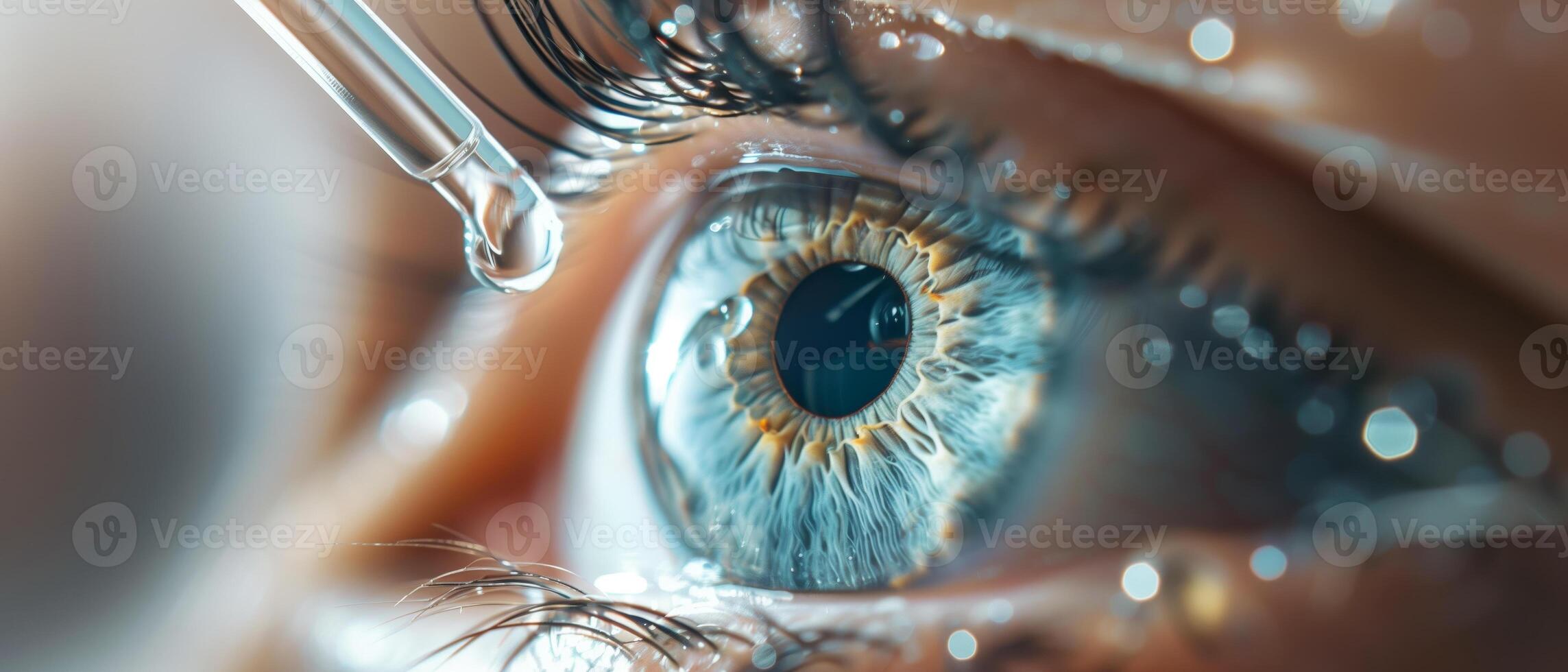 Close-up of an eye with a dropper applying a drop to it, highlighting the vibrant blue iris and details of the eye surface. photo