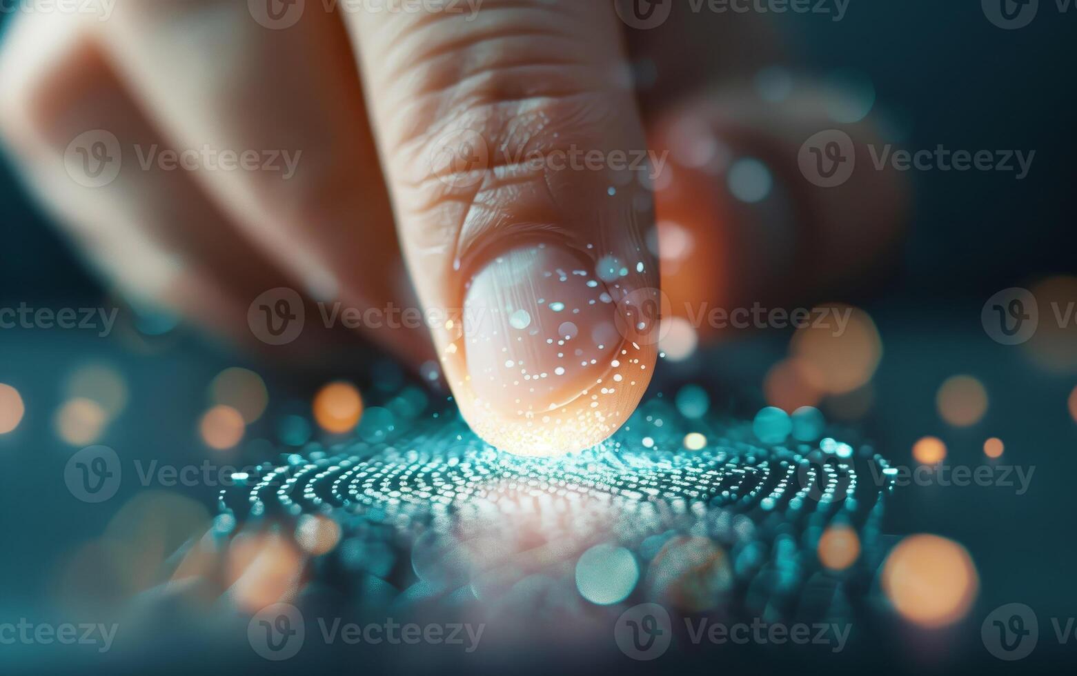 Close-up of a finger touching a glowing digital surface, concept of biometric technology and fingerprint scanning in a futuristic setting. photo