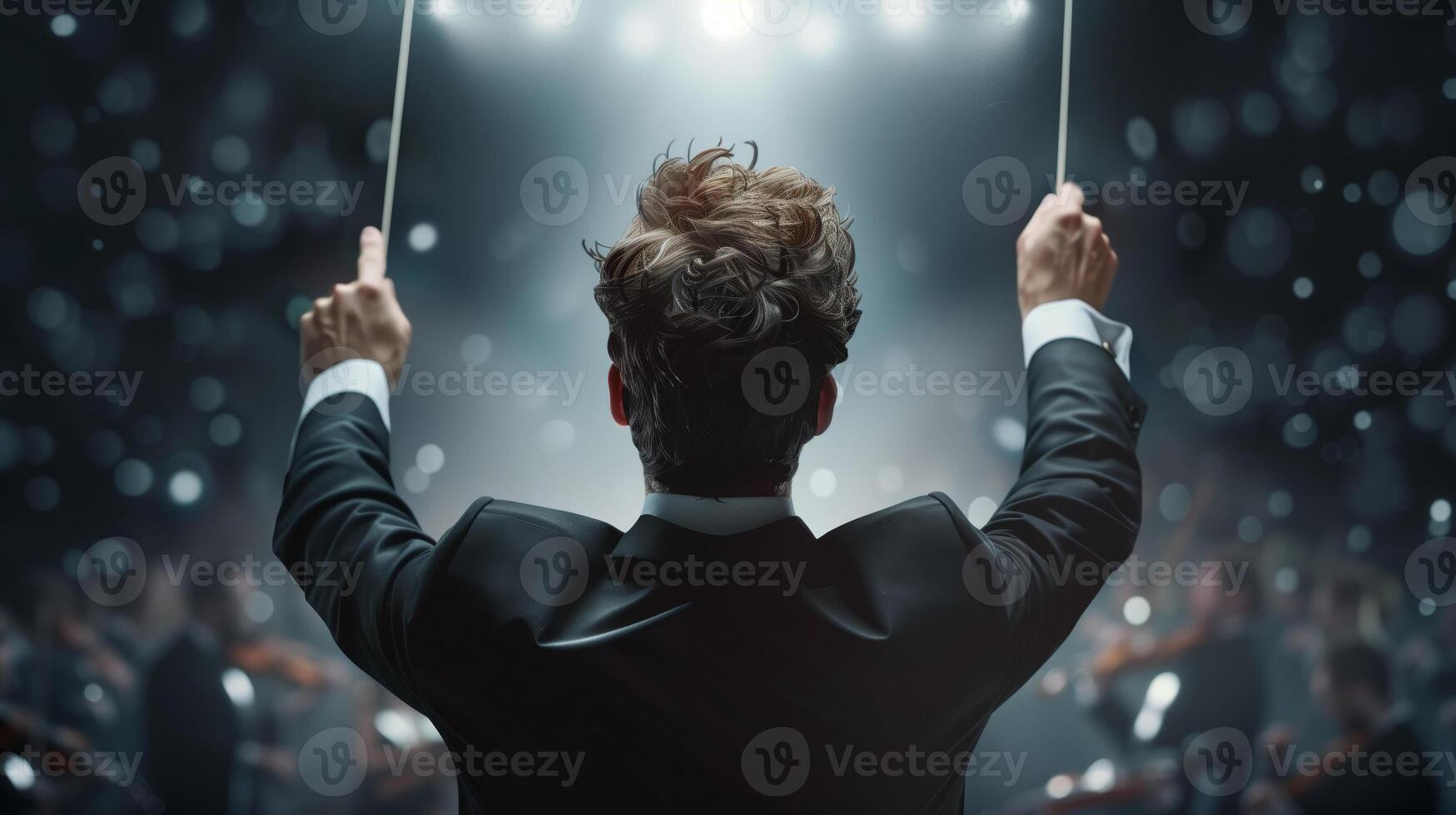 Conductor leading an orchestra with passion and energy, under a spotlight on a grand stage, with an audience in awe of the performance. photo