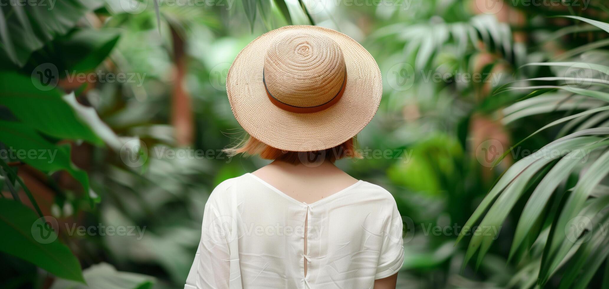 Woman in white dress with straw hat walking through lush, green tropical jungle, surrounded by vibrant foliage, enjoying nature. photo