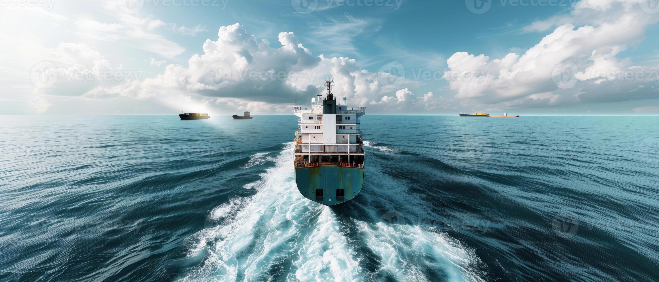 Aerial view of a cargo ship sailing on the open ocean under a dramatic sky, with other vessels in the distance. photo