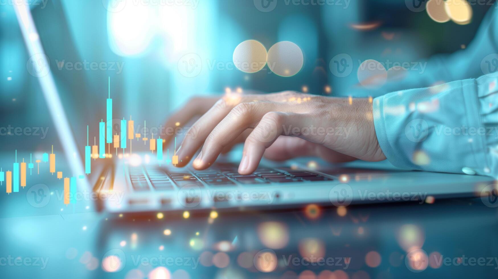 Hands typing on a laptop keyboard with glowing data charts, representing digital business, technology and analytics concept. photo