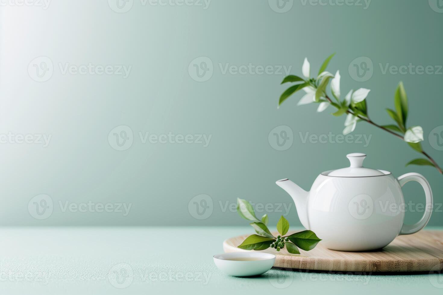 Minimalistic still life with white teapot, green leaves, and wooden board on light green background, perfect for tea time themes. photo