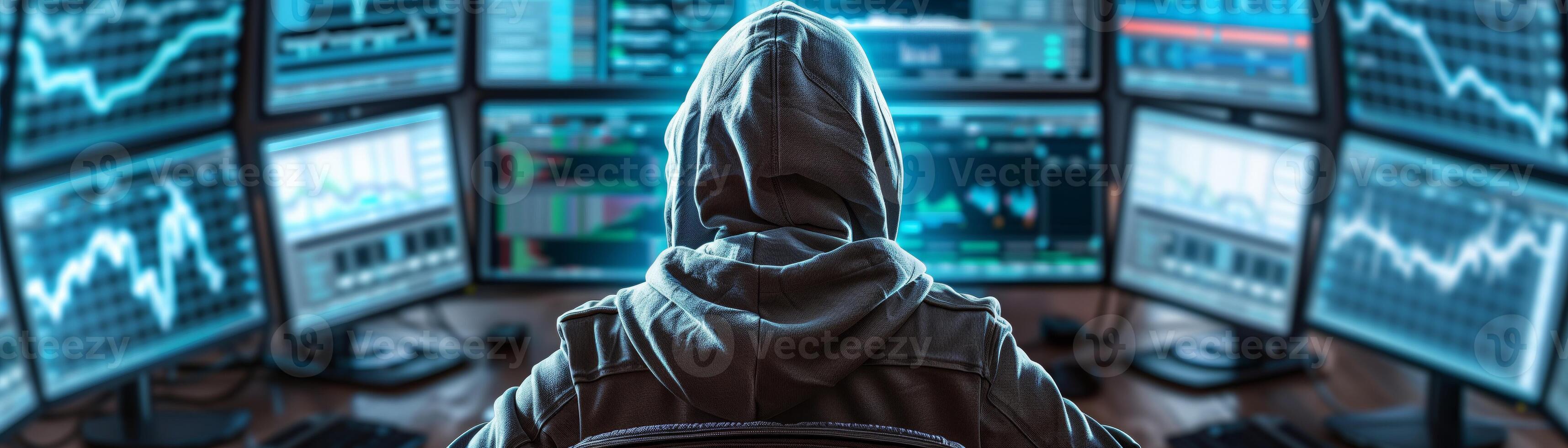 Hacker sitting in front of multiple monitors displaying data and graphs, representing cybersecurity threats and financial cybercrime. photo