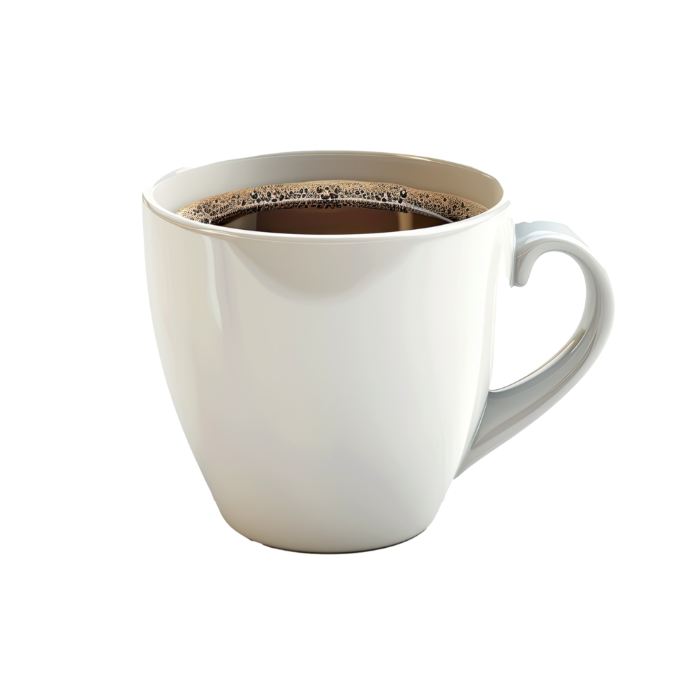 Simple and elegant white coffee cup filled with a rich, dark roast coffee. png