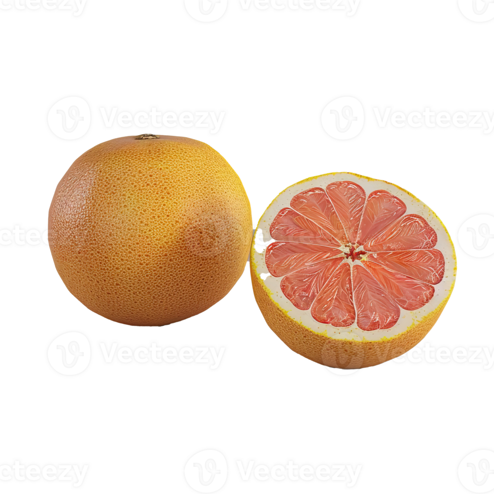 Halved grapefruit with juicy pink flesh and a whole grapefruit beside it png