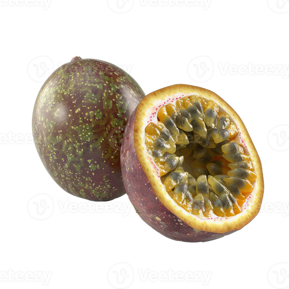 Cross section of a passion fruit with juicy pulp and seeds png