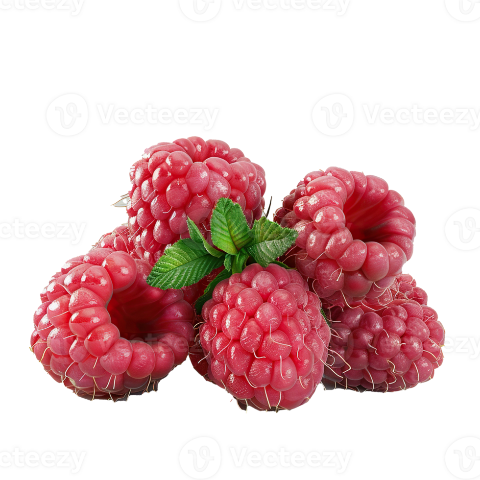 Close up of a cluster of ripe red raspberries with green leaves png