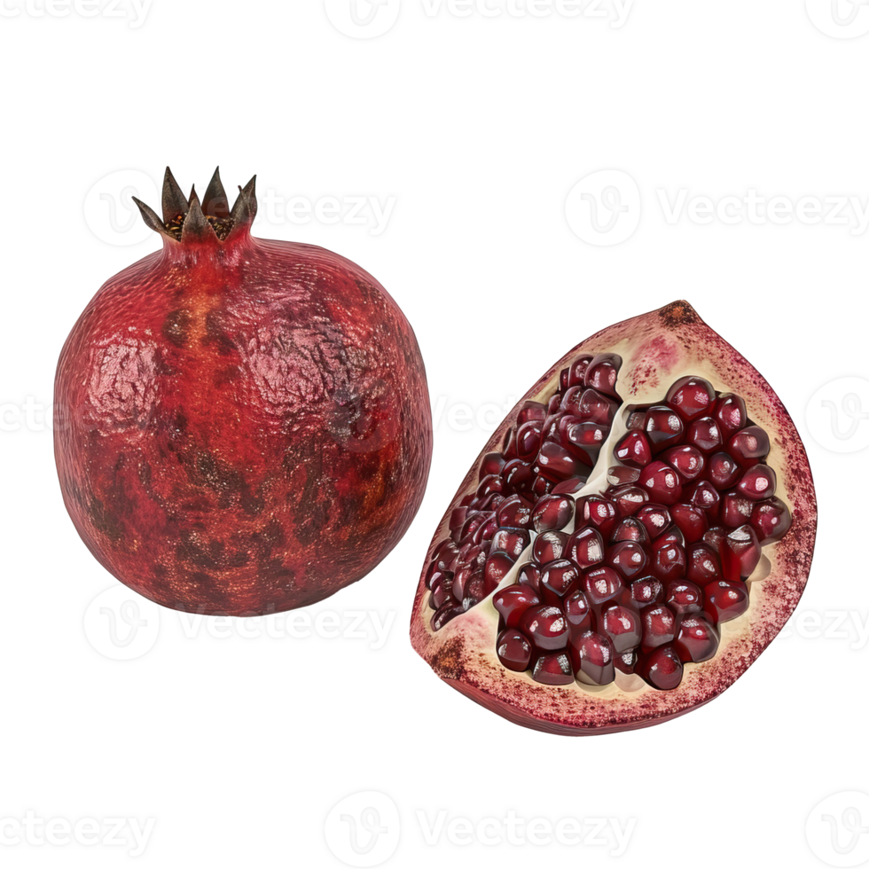 Detailed illustration of a split pomegranate fruit with seeds exposed png
