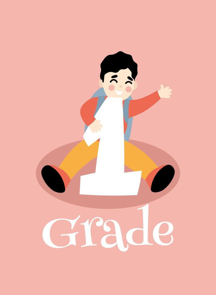 Back to school. Little Boy With Backpack Sitting And Holding On To Big Number One. Template for design. Funny cartoon characters. illustration. vector