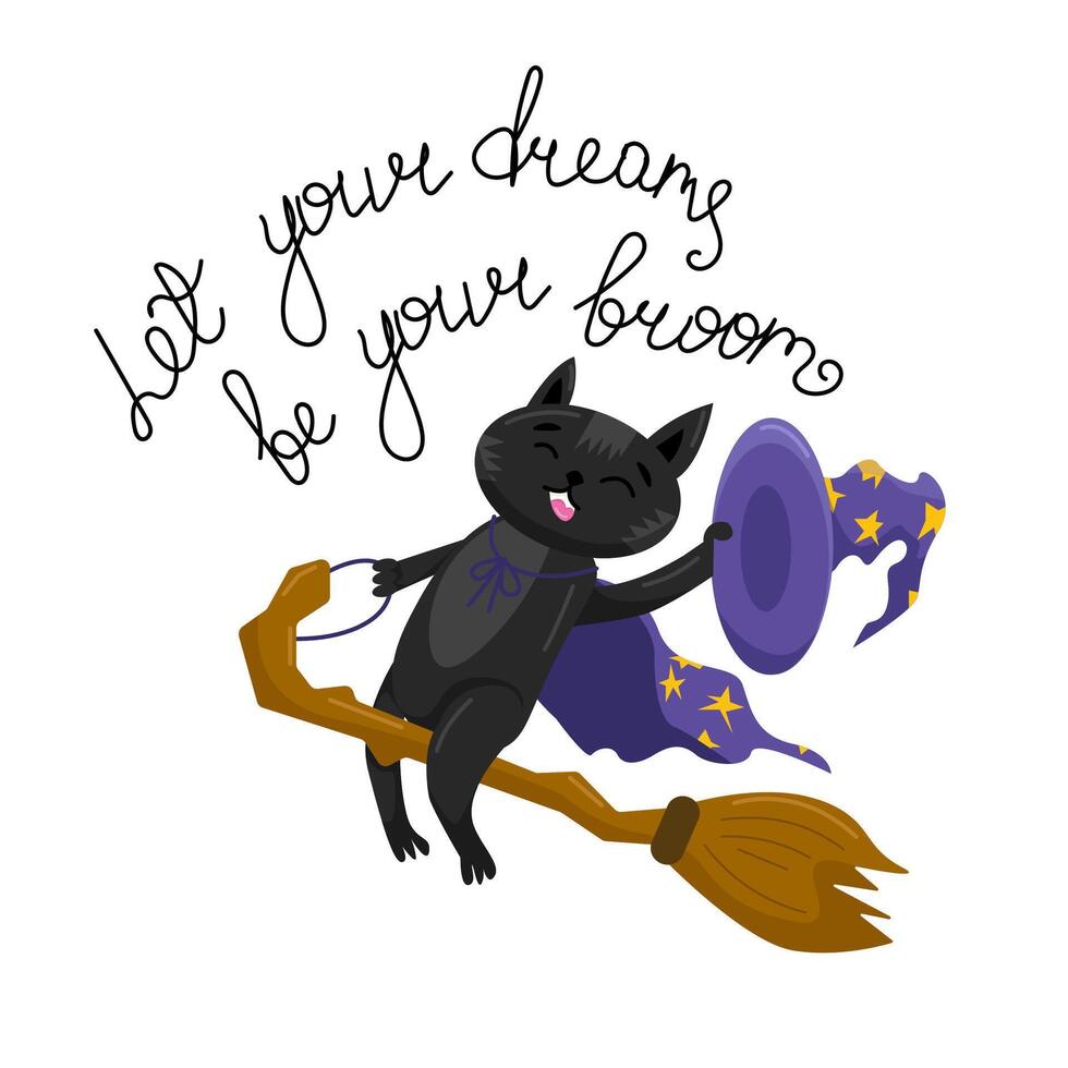 A black cat in a hat and a witch's cloak flies on a broomstick. Illustration for postcards, textiles and more vector