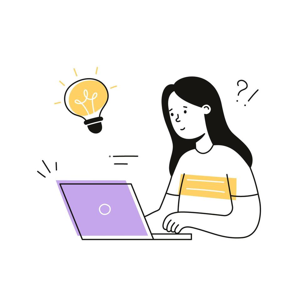 Idea bulb woman, work solution illustration. Doodle outline character work creative idea, think question. Female person with laptop, creative solution concept vector