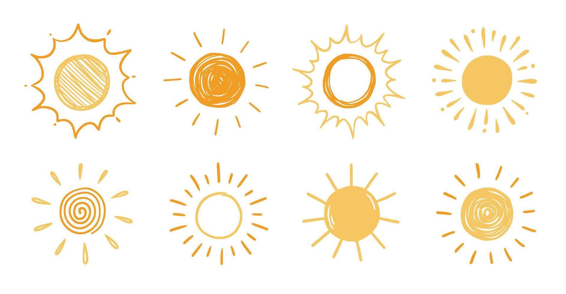 Doodle sun sketch illustration. Hand drawn cute yellow, orange sun set. Scribble doodle children drawn style. vector