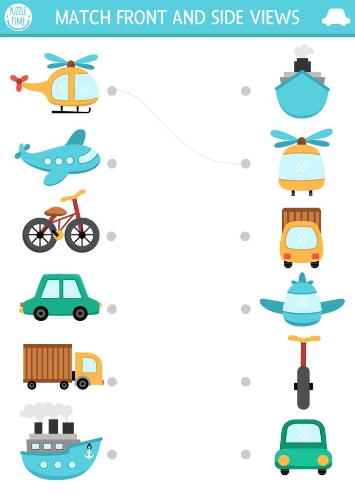 Transportation matching activity with cute side and front view of helicopter, plane, car, truck, ship. City transport puzzle. Match the objects game. Match up page, printable worksheet with vehicle vector