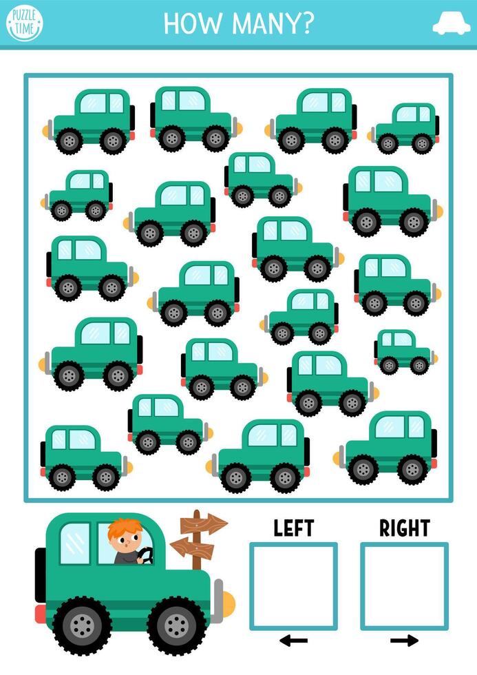 Transportation logic game with right and left concept for kids. I spy searching, counting activity with car. Transport printable space orientation worksheet for preschool children vector