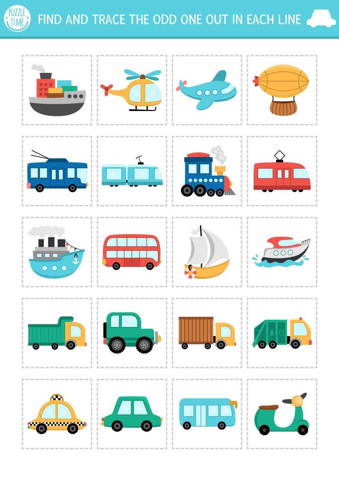 Find the odd one out. Transportation logical activity for kids. Water, air, land, public transport educational quiz worksheet for attention skills. Printable game with car, bus, train, truck vector